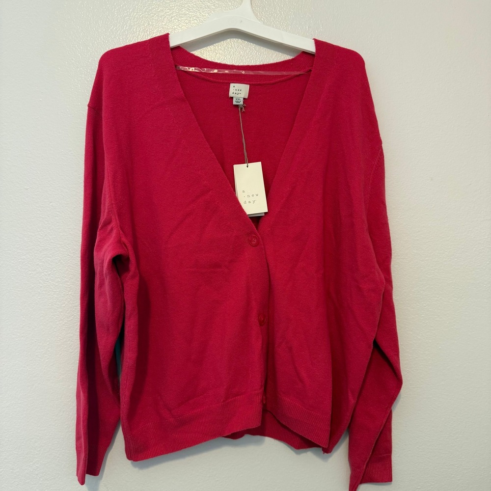 A New Day Women XXL Pink V-Neck Button Front Cardigan Sweater NWT